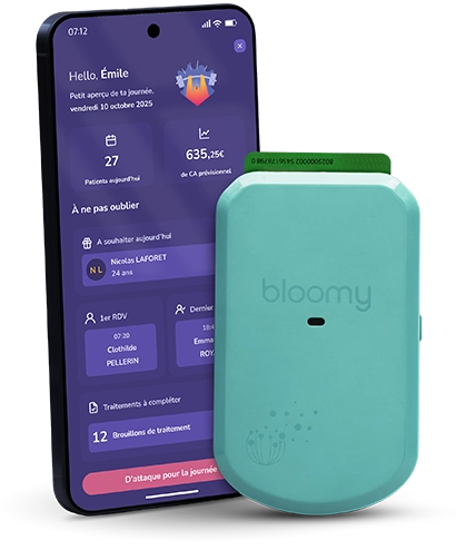 Lecteur de carte Vitale bloomy connecté en Bluetooth à l'application Milo